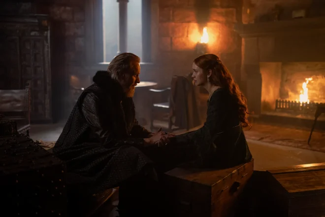 Rhys Ifans as Ser Otto Hightower and Olivia Cooke as Queen Alicent Hightower